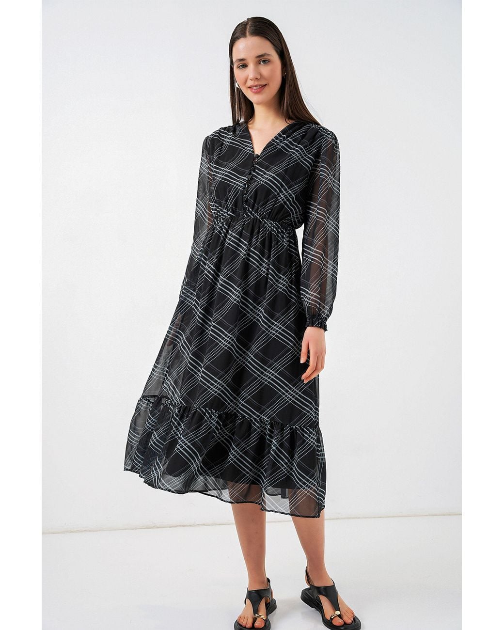 Bigdart Black V-Neck Midi Dress With Button Closure