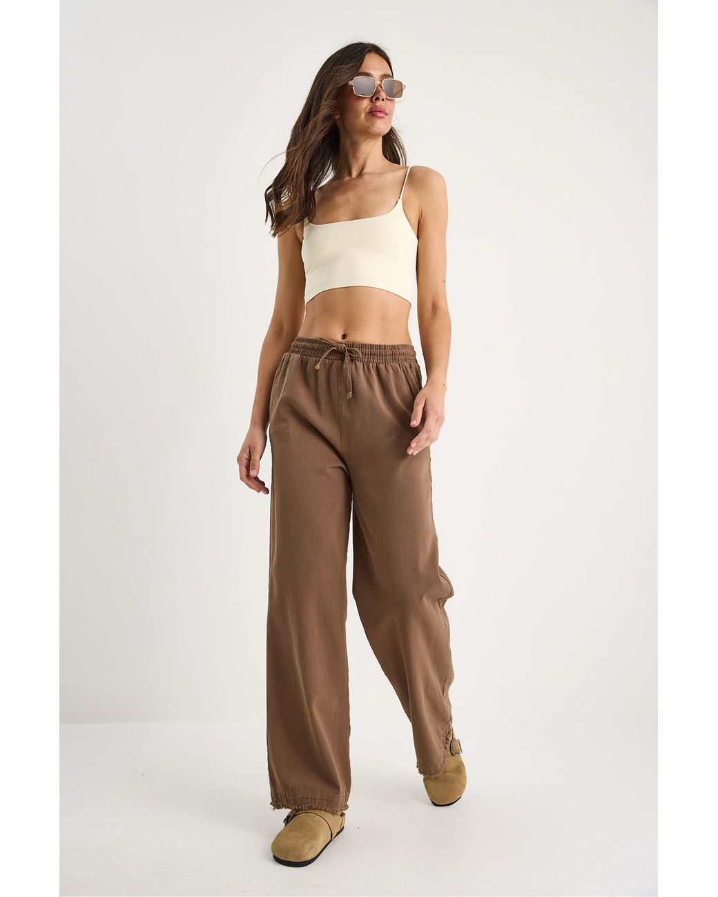 Bianco Lucci Brown Elastic Waist Straight Leg Pants
