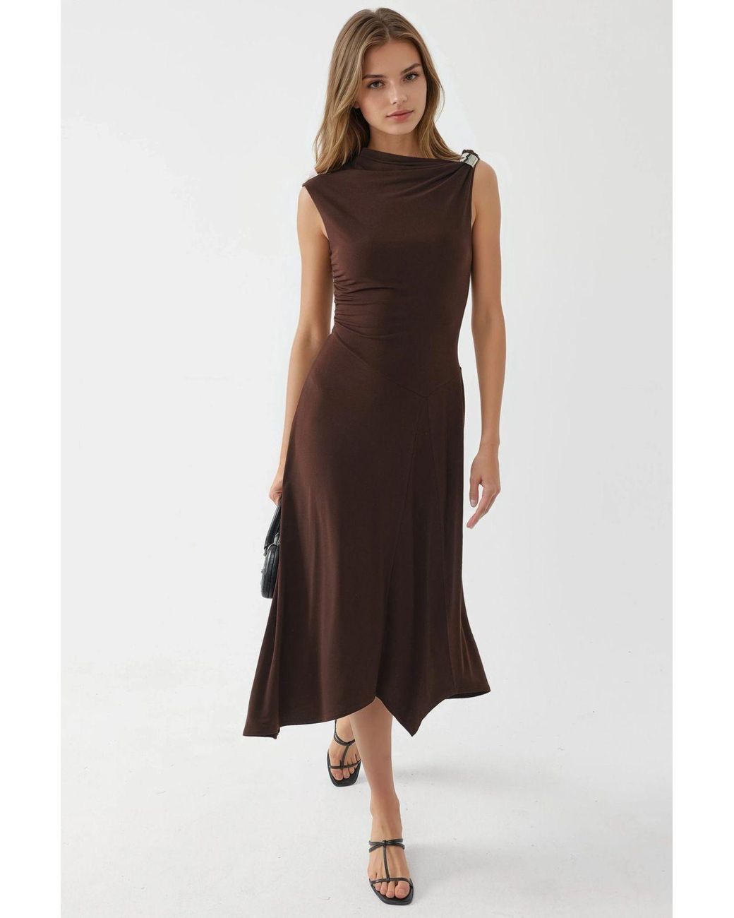 Busem Brown Accessory Detailed Asymmetrical Midi Dress