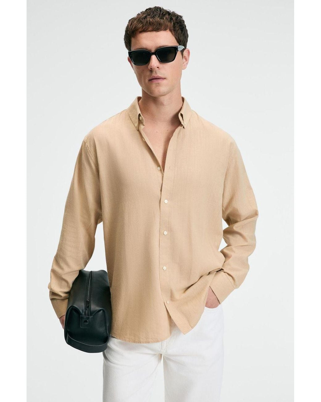 Grimelange Natural Slim Fit Button Collar Shirt for men
