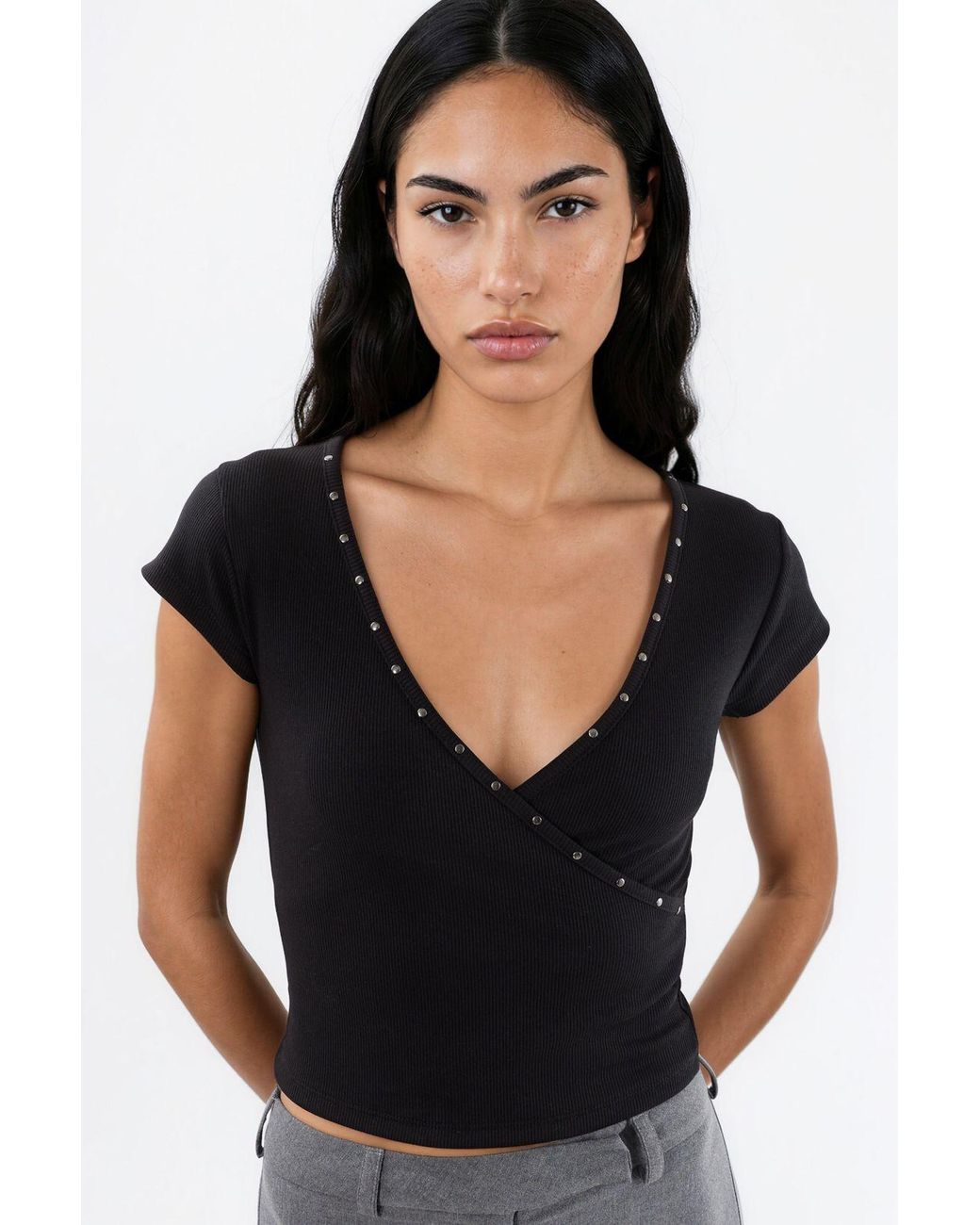 Busem Black V-Neck Ribbed Slim Fit Blouse