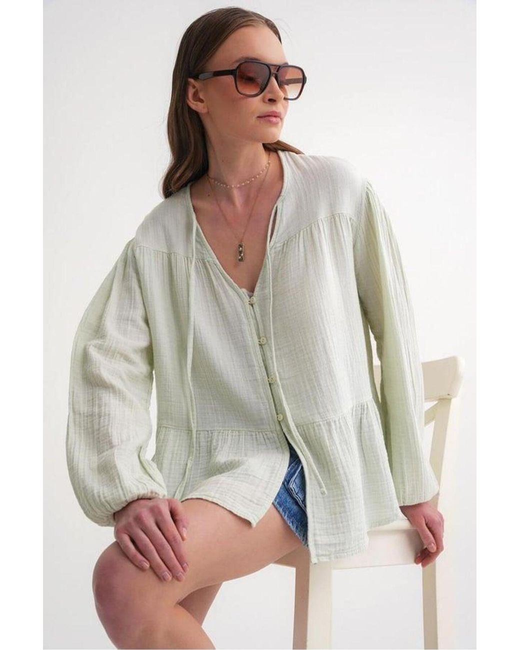 MixRay Multicolor Long Sleeve Relaxed Fit Blouse With Tie-Neck