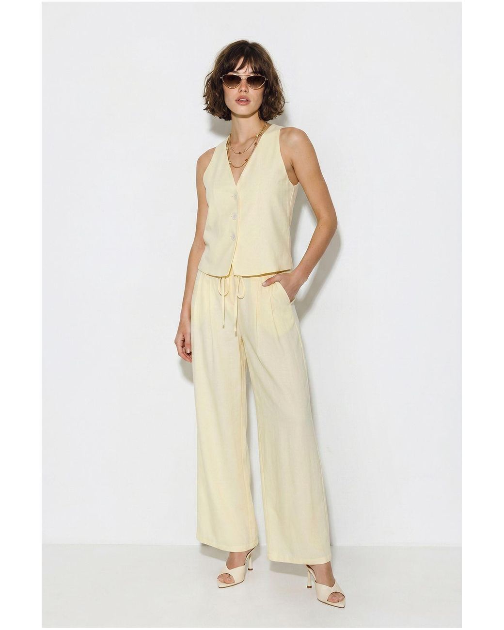 Bianco Lucci Natural Cotton Vest And Wide-Leg Trousers Set