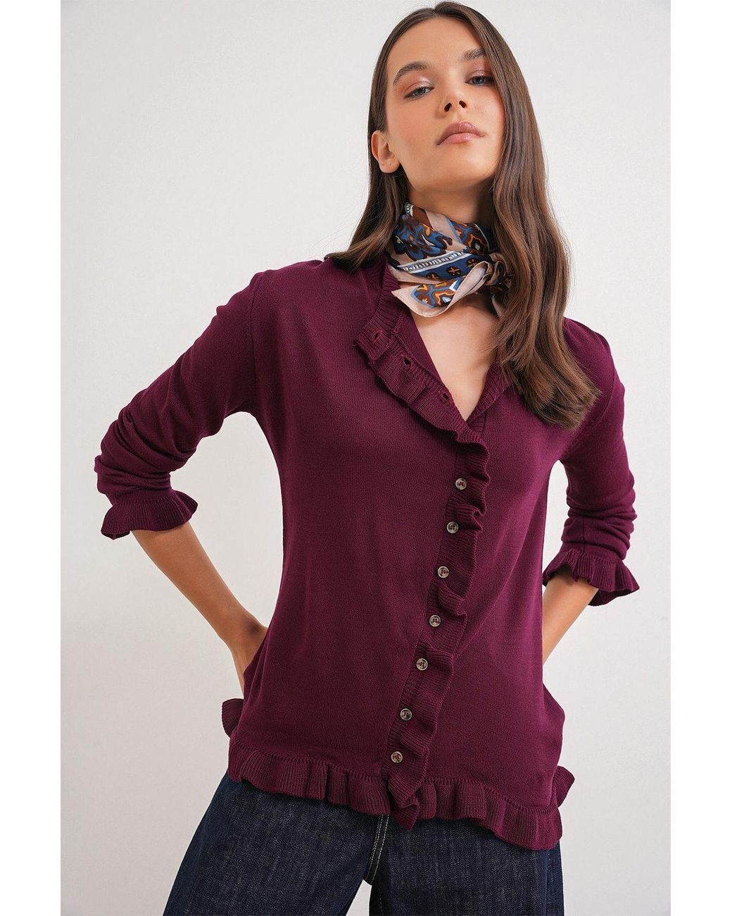 MixRay Red Frilly Ribbed Knit Cardigan