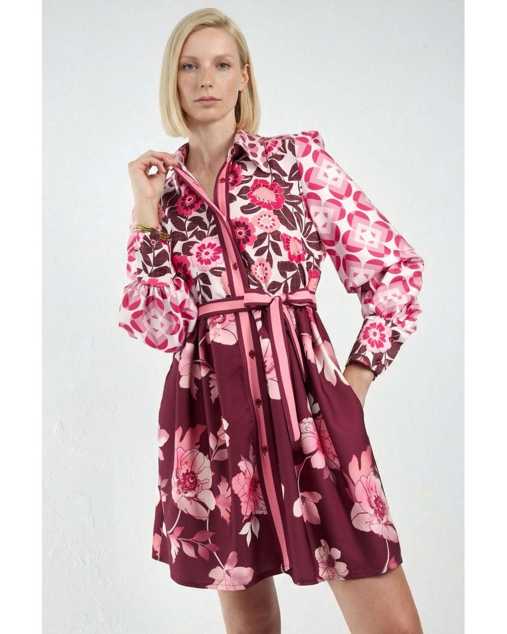 Msn-Collection Red Patterned A-Line Mini Dress