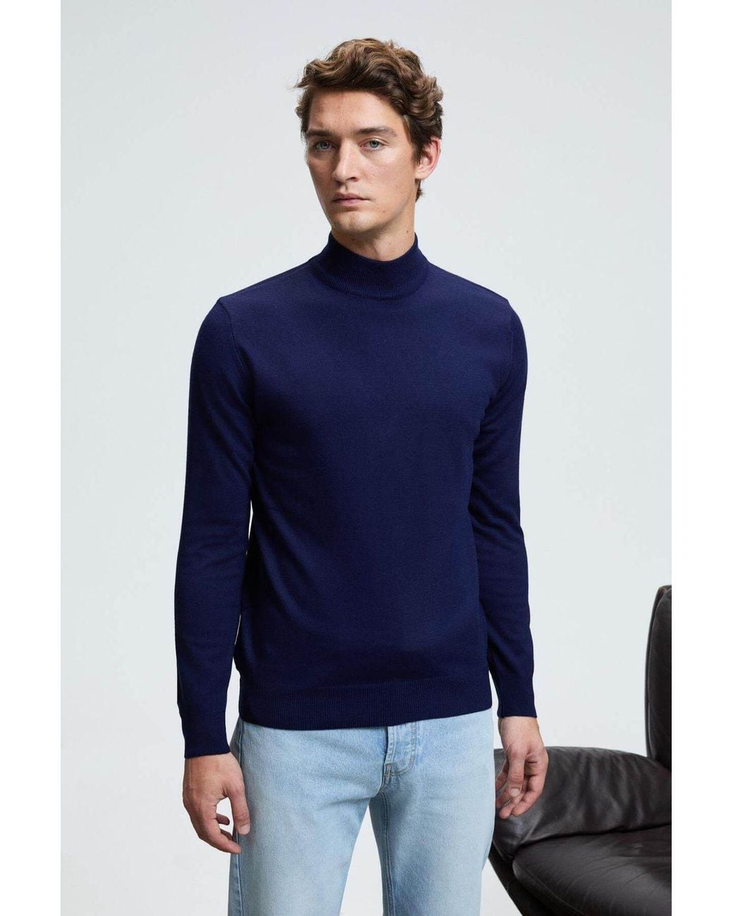 Grimelange Blue Fine Knit Ribbed Crew Neck Jumper for men