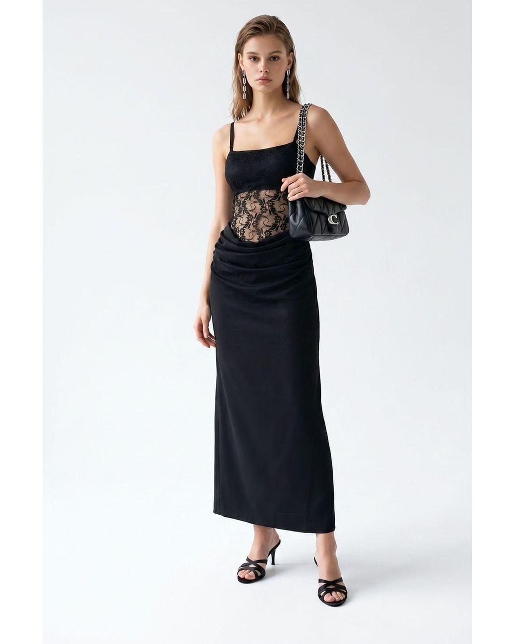 MixRay Blue Sleeveless Satin Maxi Dress With Square Neckline