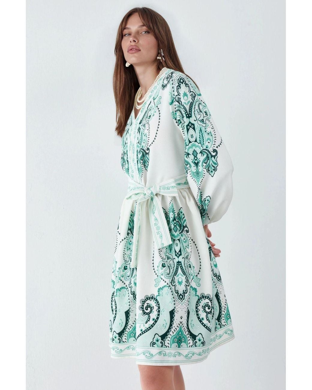Msn-Collection Green Patterned A-Line Mini Dress