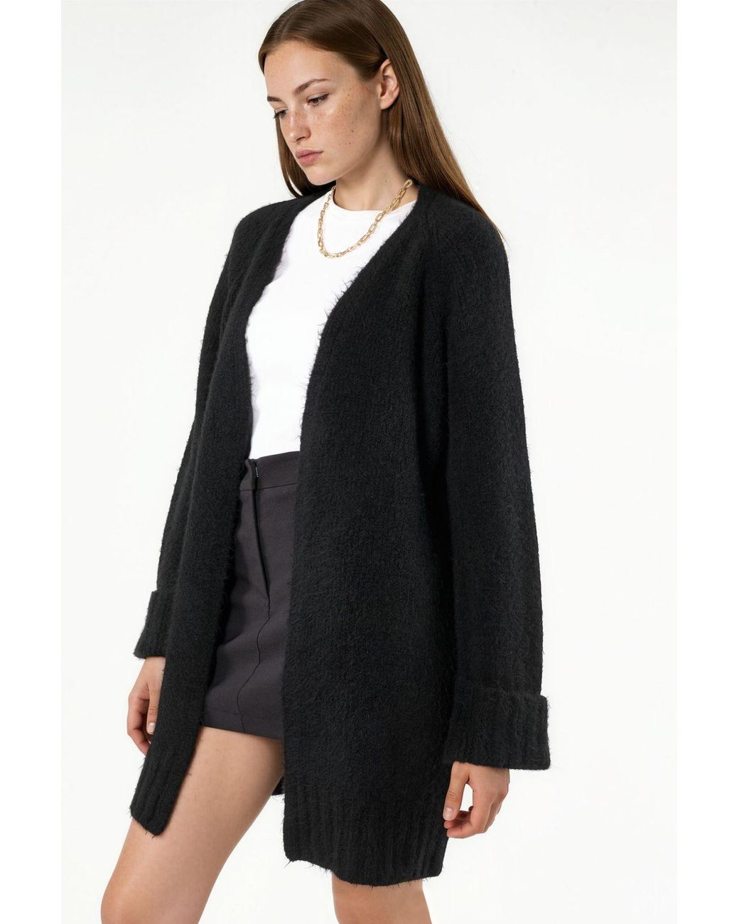 Hiccup Black Long Ribbed Knit Cardigan With Open Collar