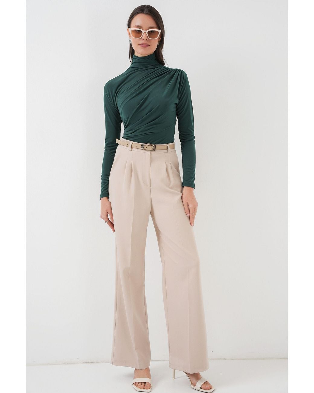 Bigdart Green Fitted Turtleneck Blouse With Drape Detail
