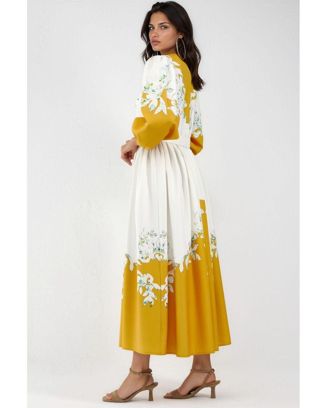 Msn-Collection Yellow Floral Maxi Dress With V-Neck And Button Detail