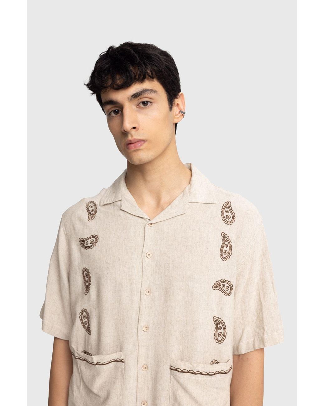 Giesto Natural Cotton Embroidered Poplin Short Sleeve Shirt for men