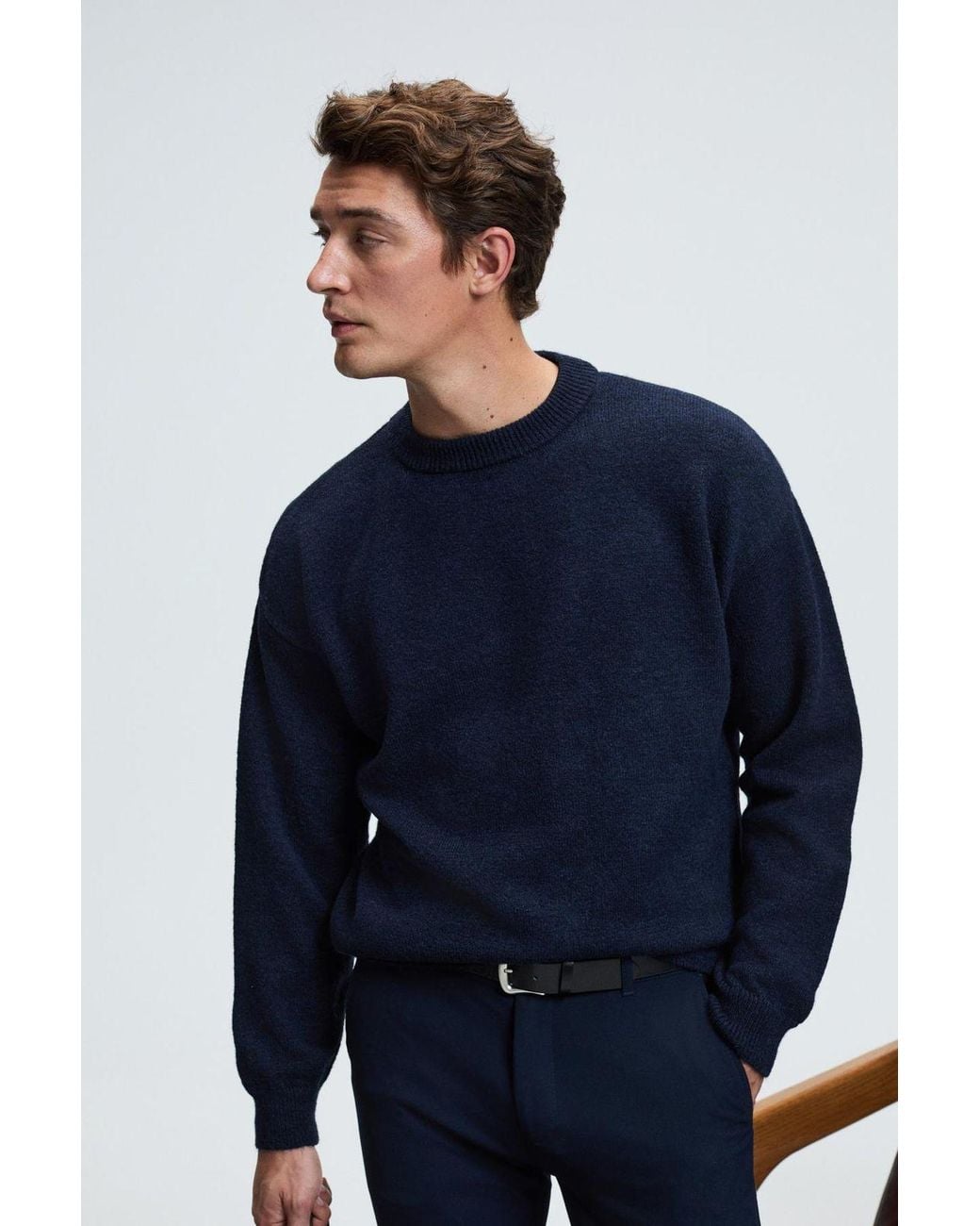 Grimelange Blue Ribbed Crew Neck Jumper for men