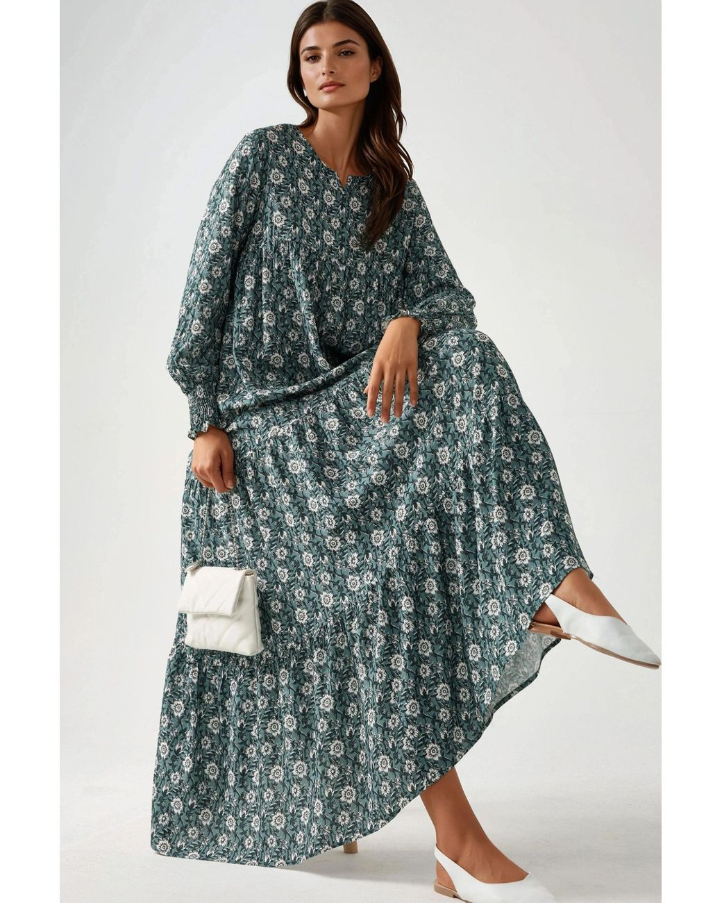 Hiccup Blue Printed Crew Neck Viscose Maxi Dress