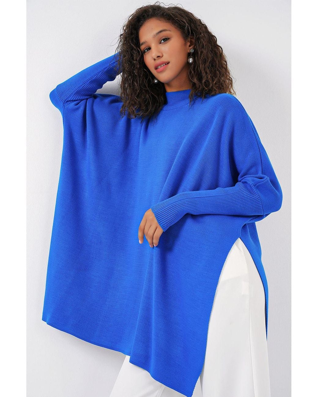 Bigdart Blue Slit Detailed Half Turtleneck Loose Sweater