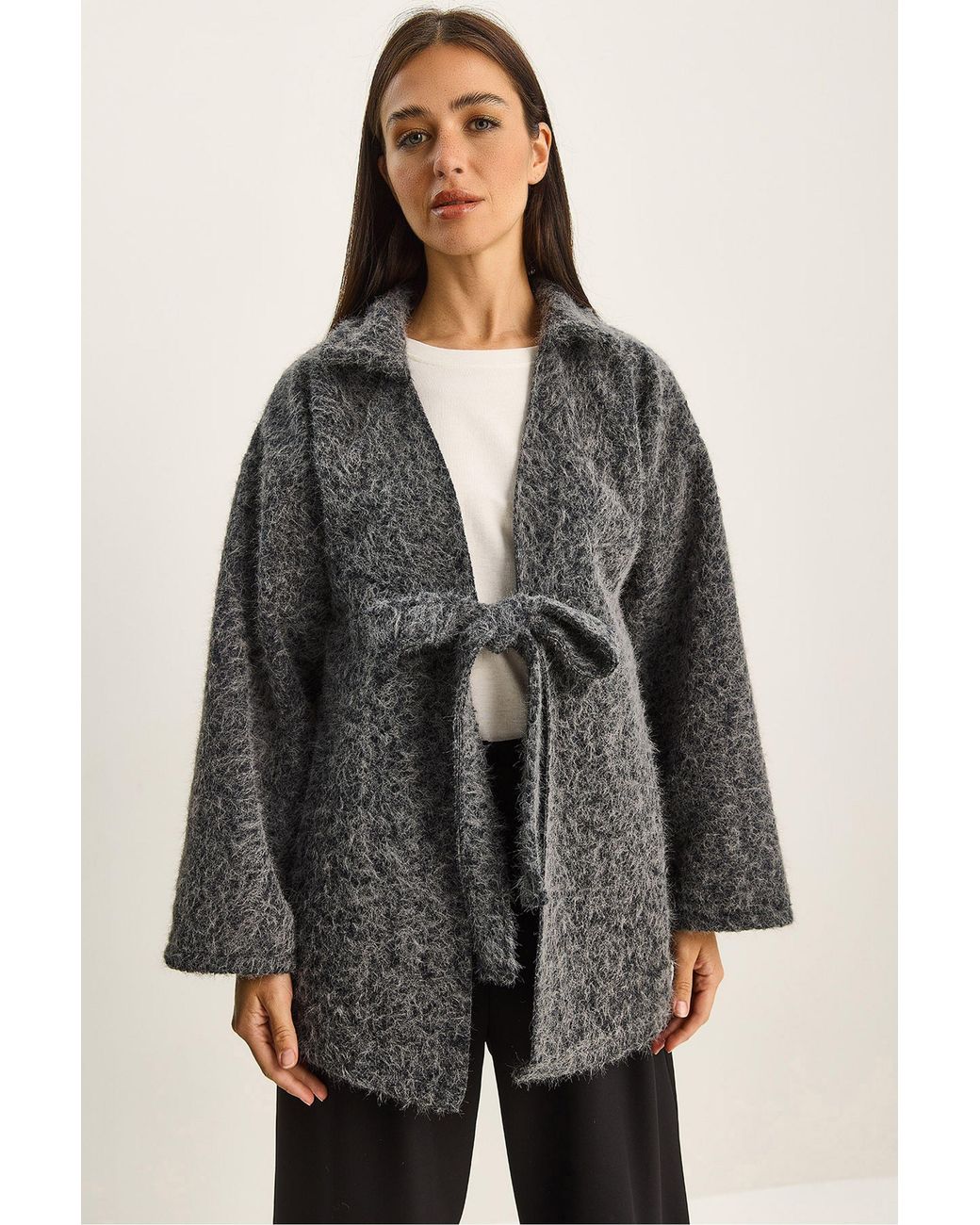 Bianco Lucci Gray Textured Oversized V-Neck Tie Closure Cardigan
