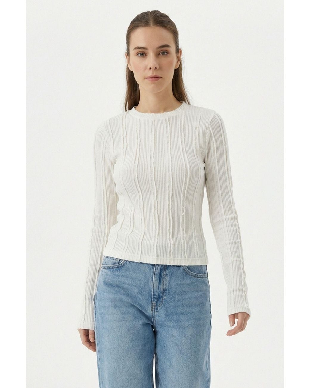 Bigdart White Ribbed Crew Neck Long Sleeve Blouse