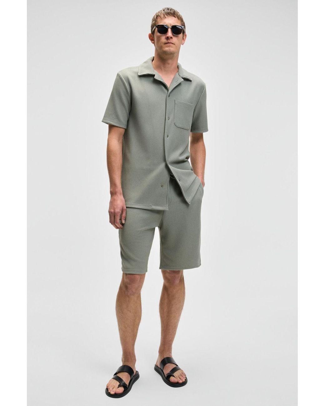 Grimelange Green Knitted Open Collar Button Shirt for men