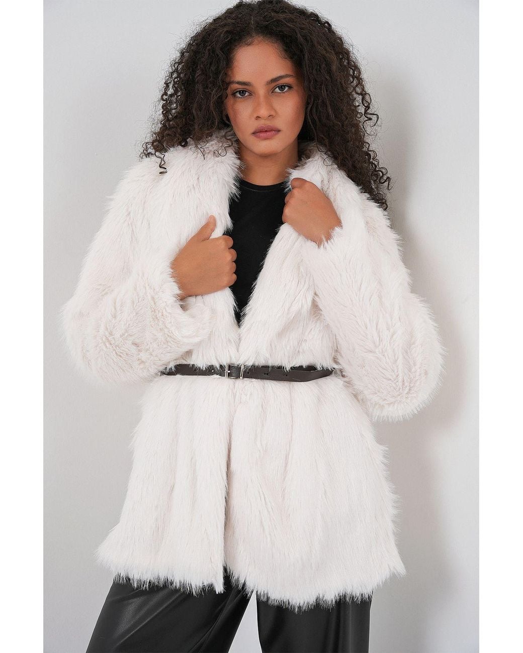 Bigdart Natural Long Oversized Faux Fur Coat With Belt