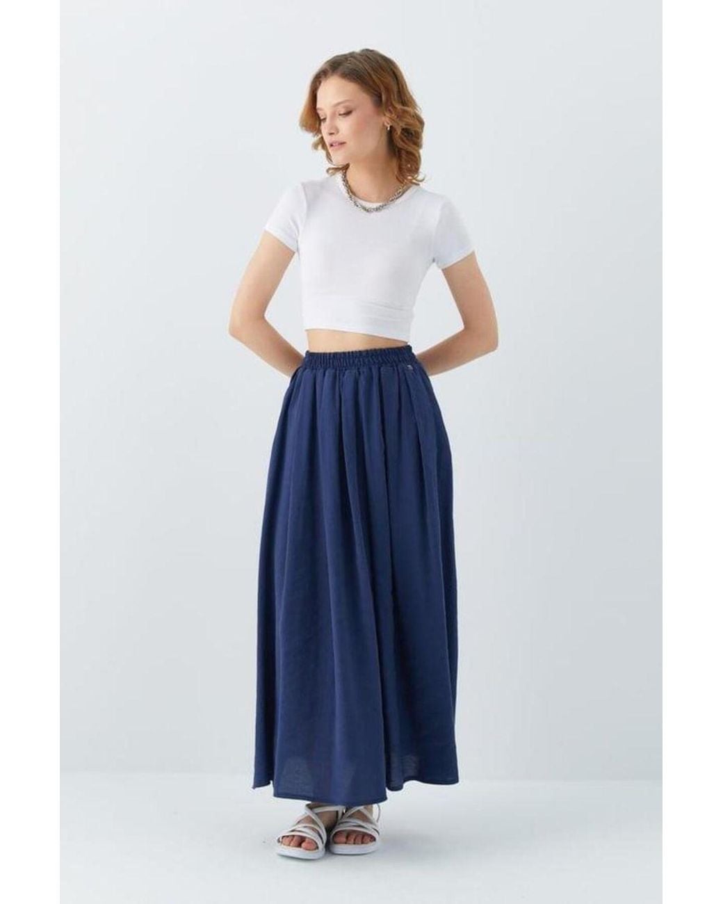 MixRay Blue High-Waisted Long Skirt With Pockets