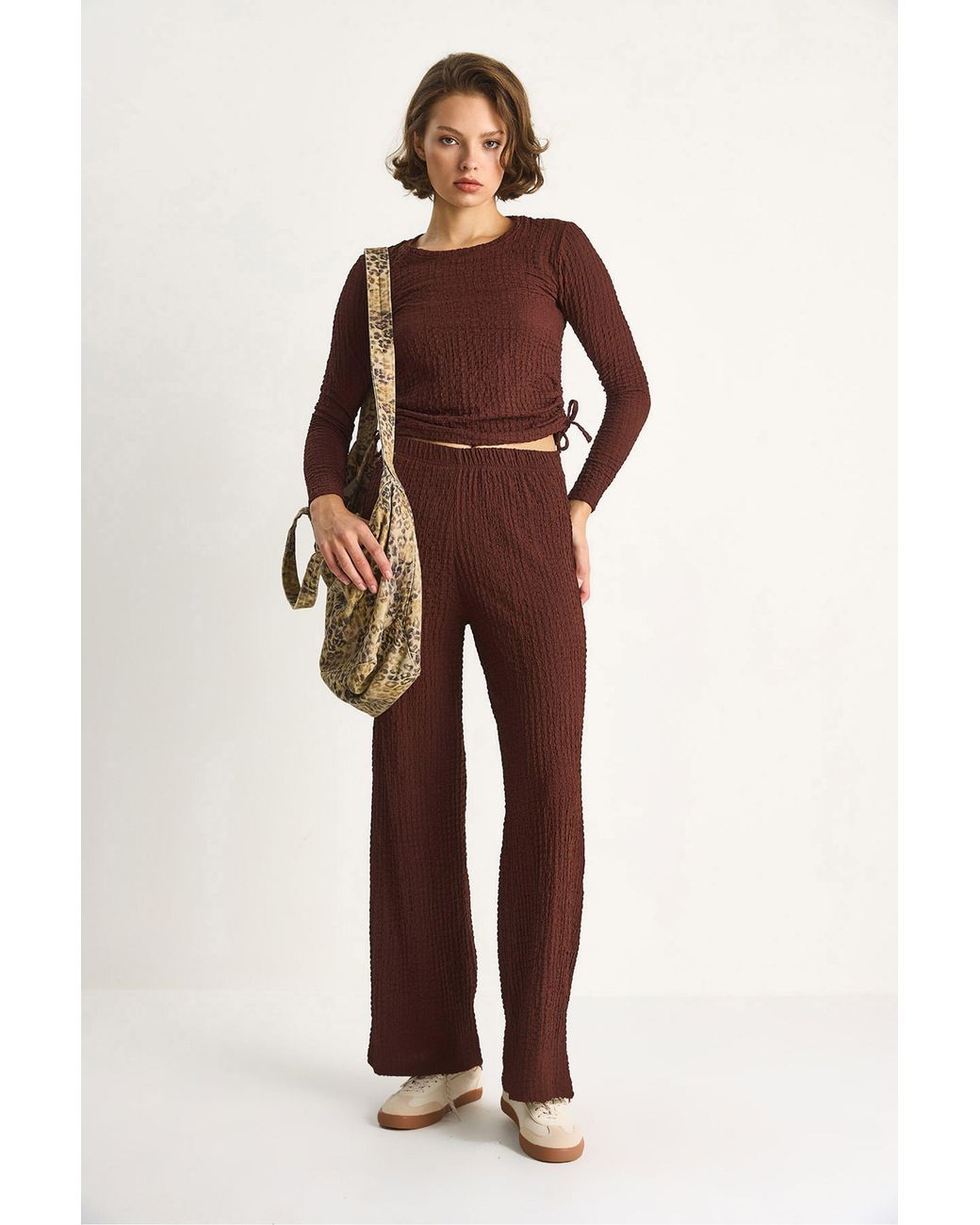 Bianco Lucci Brown Fitted Two-Piece Coord Set With Flared Pants