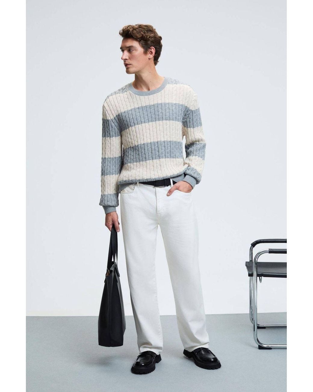 Grimelange Blue Striped Crew Neck Jumper for men