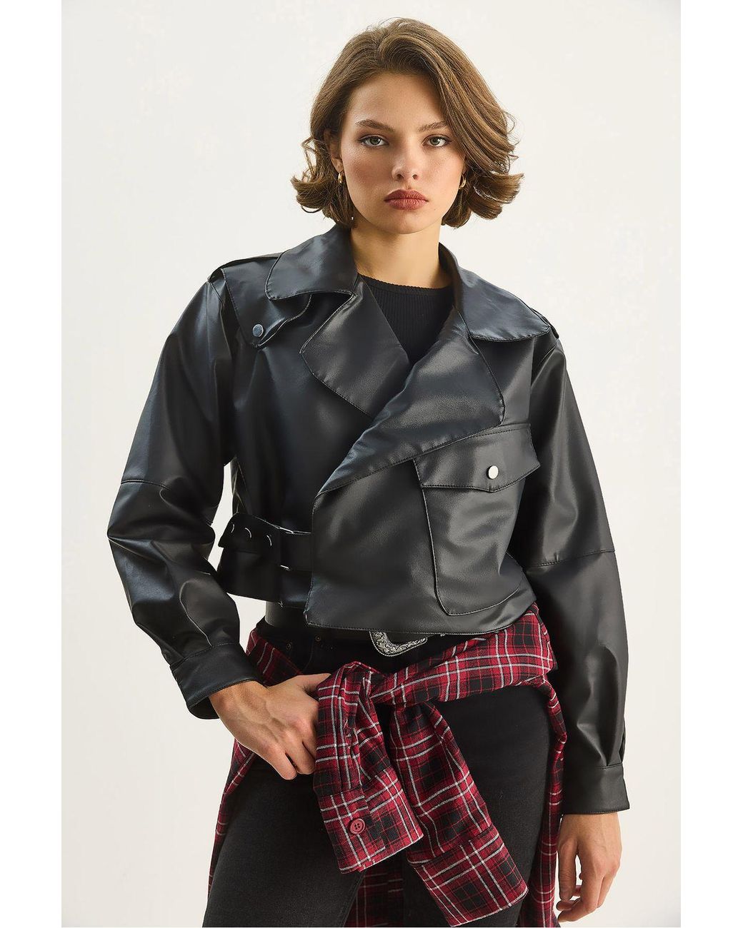 Bianco Lucci Black Oversized Crop Faux Leather Jacket