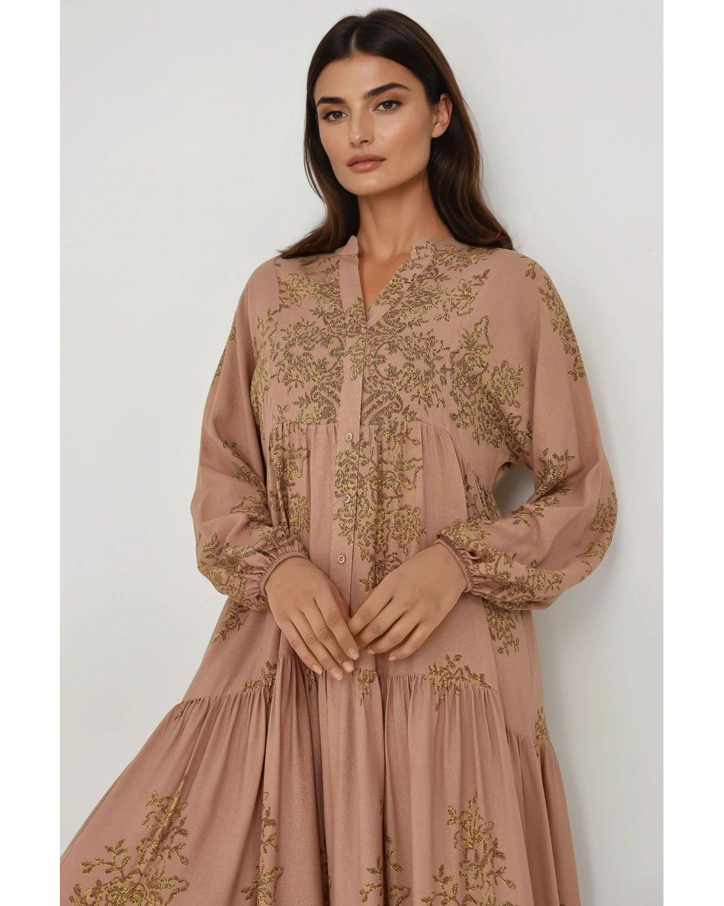 Hiccup Brown Printed Viscon Maxi Dress With Shirt Collar