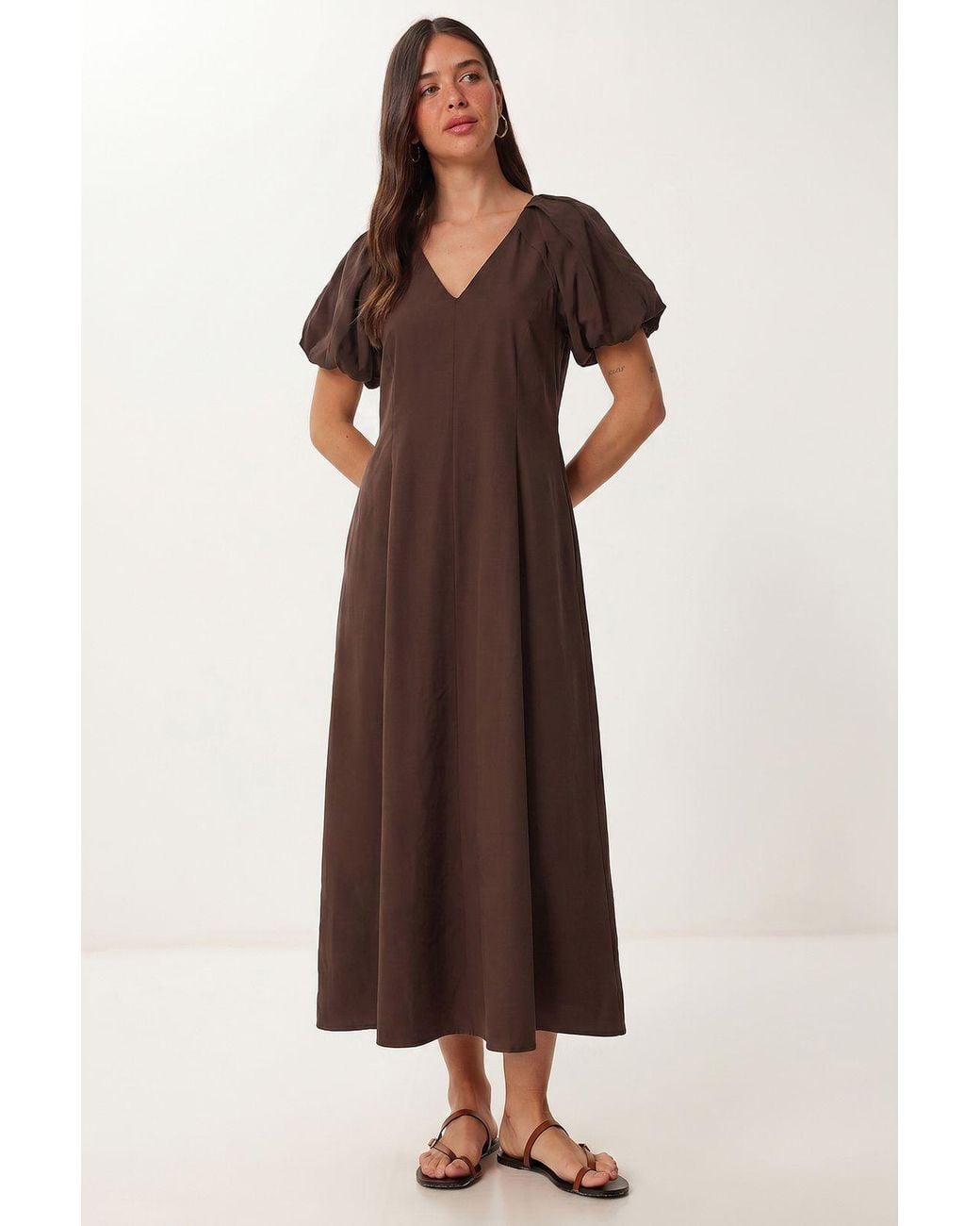 Happiness İstanbul Brown A-Line Midi Dress With V-Neck