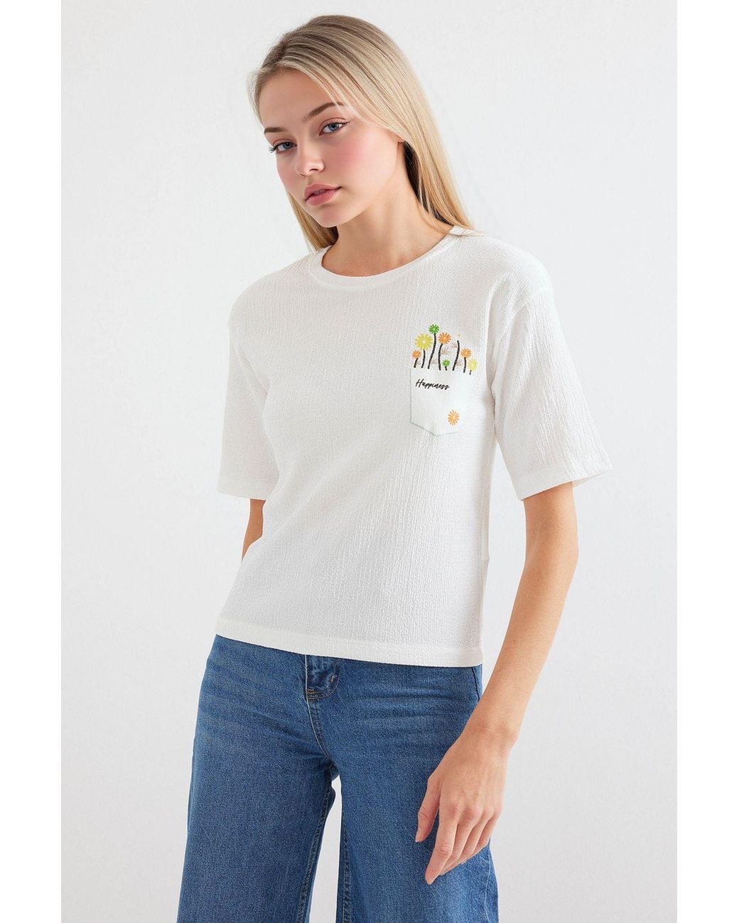 Bigdart White Embroidered Crew Neck Printed T-Shirt