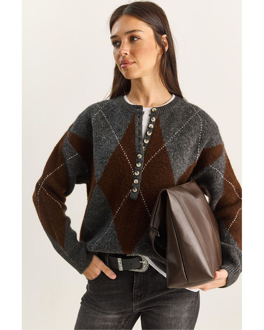 Bianco Lucci Brown Knit Crew Neck Sweater With Button Closure