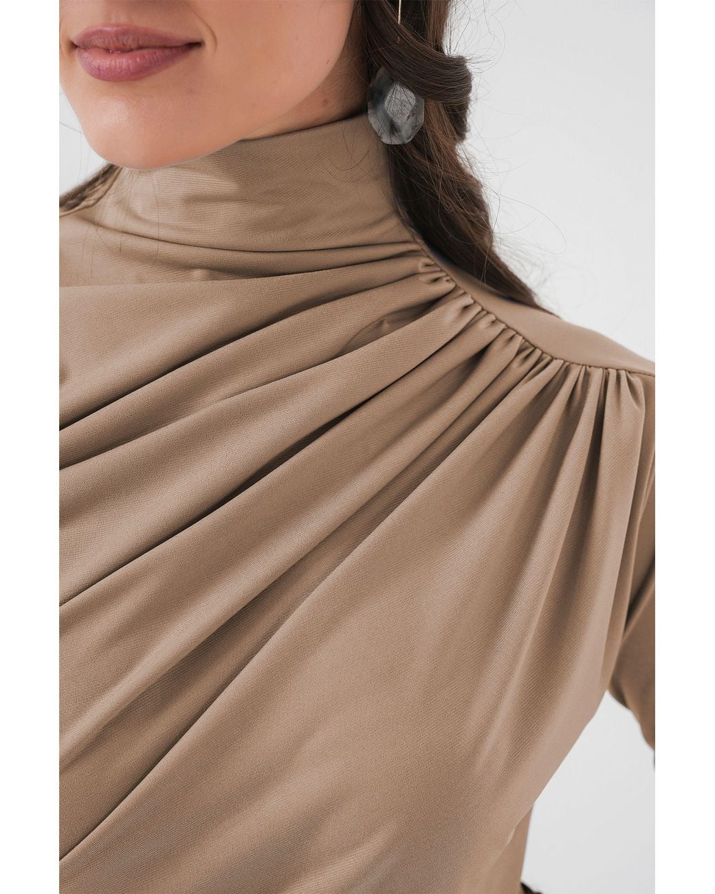 Bigdart Brown Fitted Turtleneck Blouse With Drape Detail