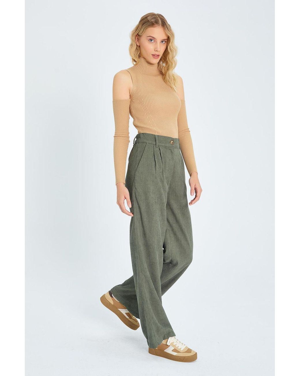MixRay Green High Waist Velvet Straight Leg Pants