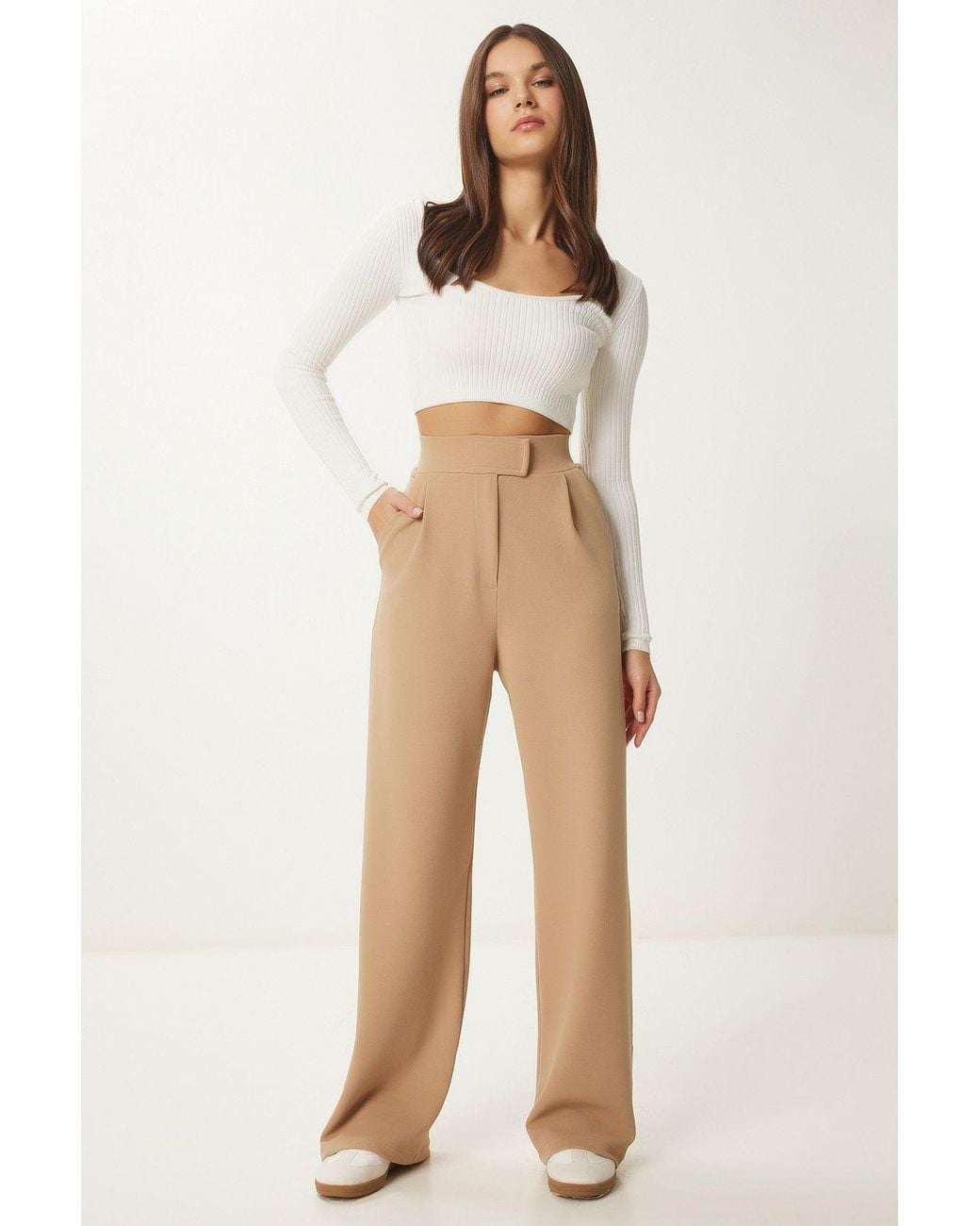 Happiness İstanbul Natural High Waist Textured Palazzo Pants