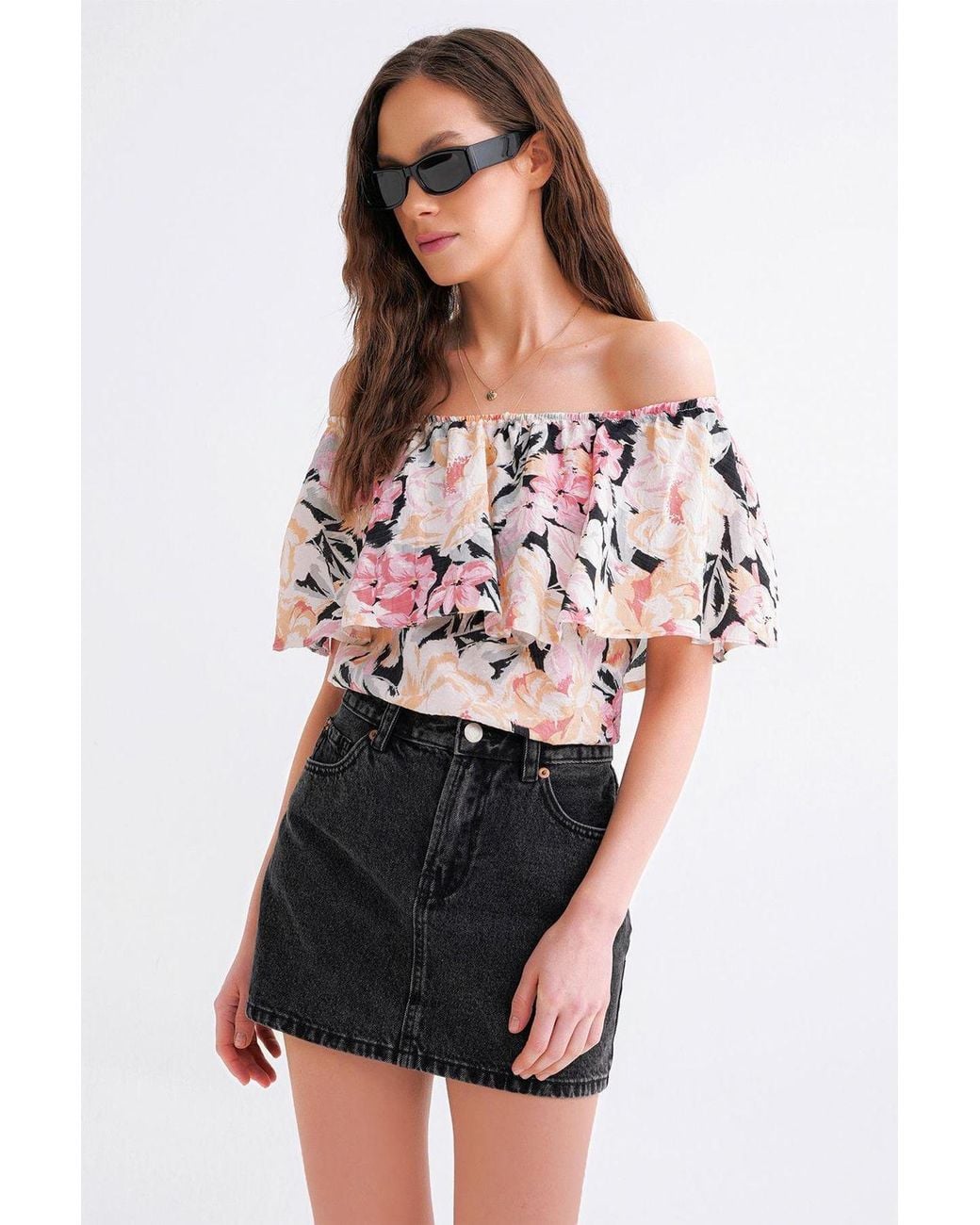 MixRay White Floral Print Off Shoulder Blouse