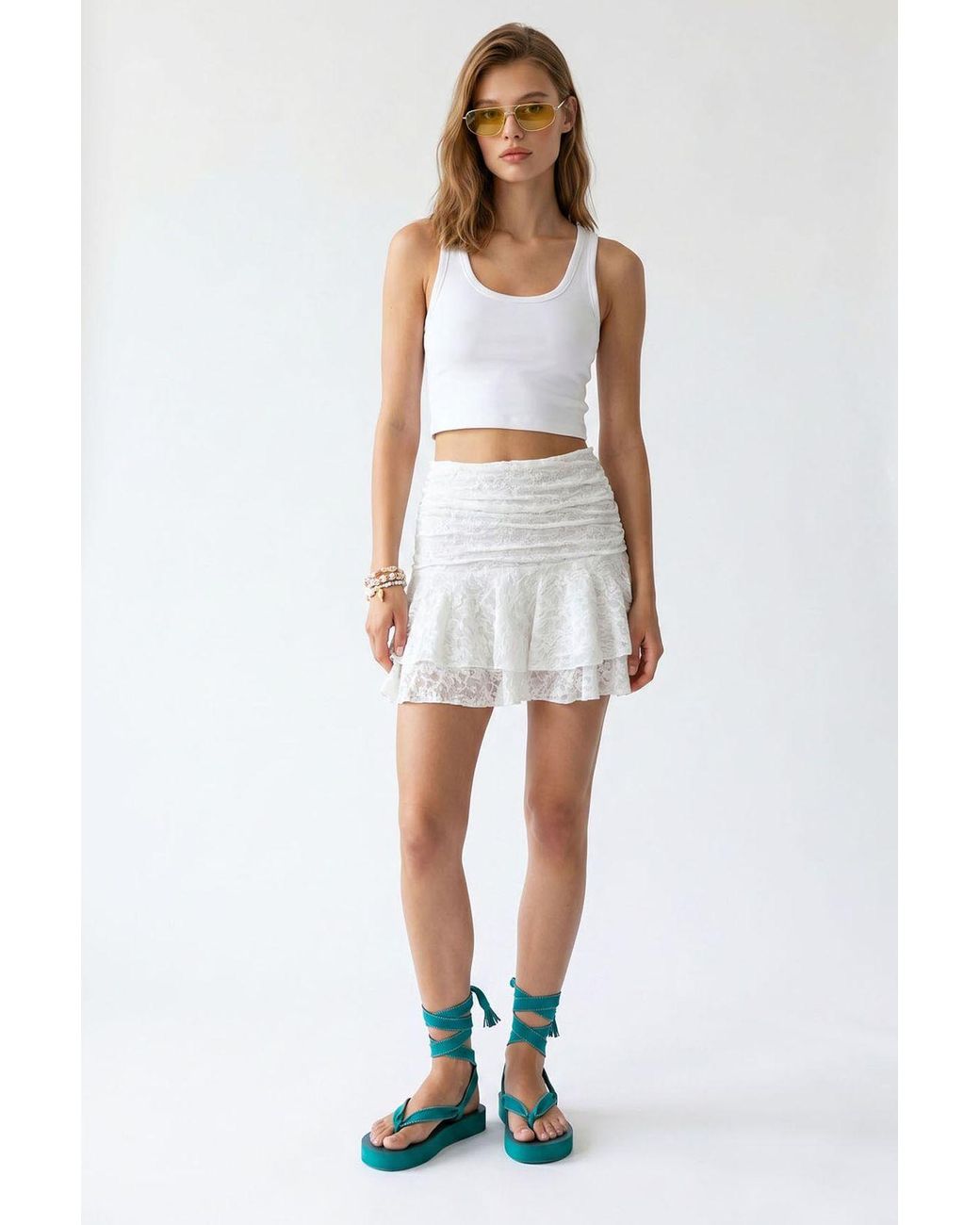MixRay White High-Waist Lace Mini Skater Skirt