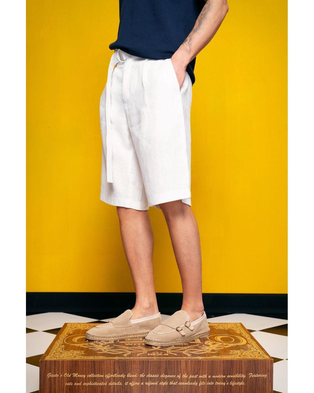 Giesto Yellow Linen Blend High-Waist Chino Shorts for men
