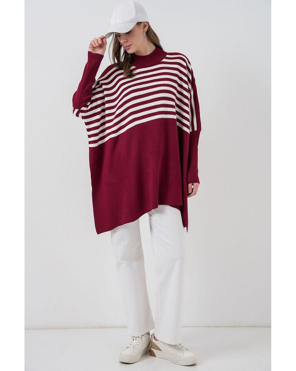 Bigdart Red Slit Detailed Half Turtleneck Loose Sweater
