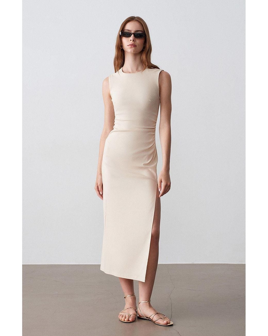 Dilvin Yellow Fitted Sleeveless Midi Dress With Slit