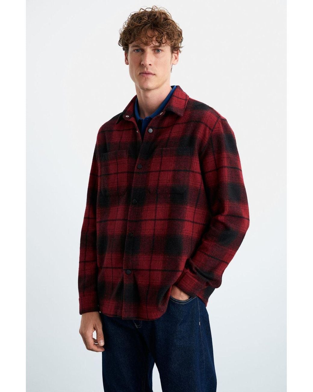 Grimelange Blue Relaxed Plaid Long Sleeve Shirt for men