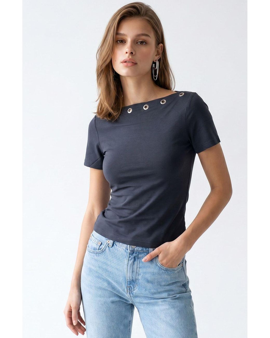 MixRay Blue Slim Fit Boat Neck T-Shirt
