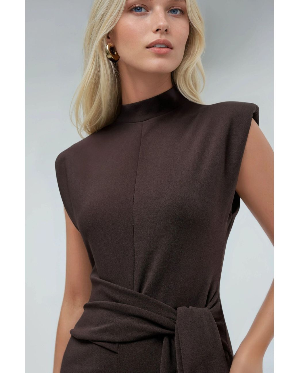 Busem Brown Tie Detailed Stand Collar Midi Dress
