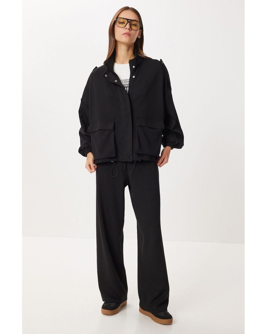 Happiness İstanbul Black Pocket Detail Jacket & Wide Leg Pants Two-Piece Set