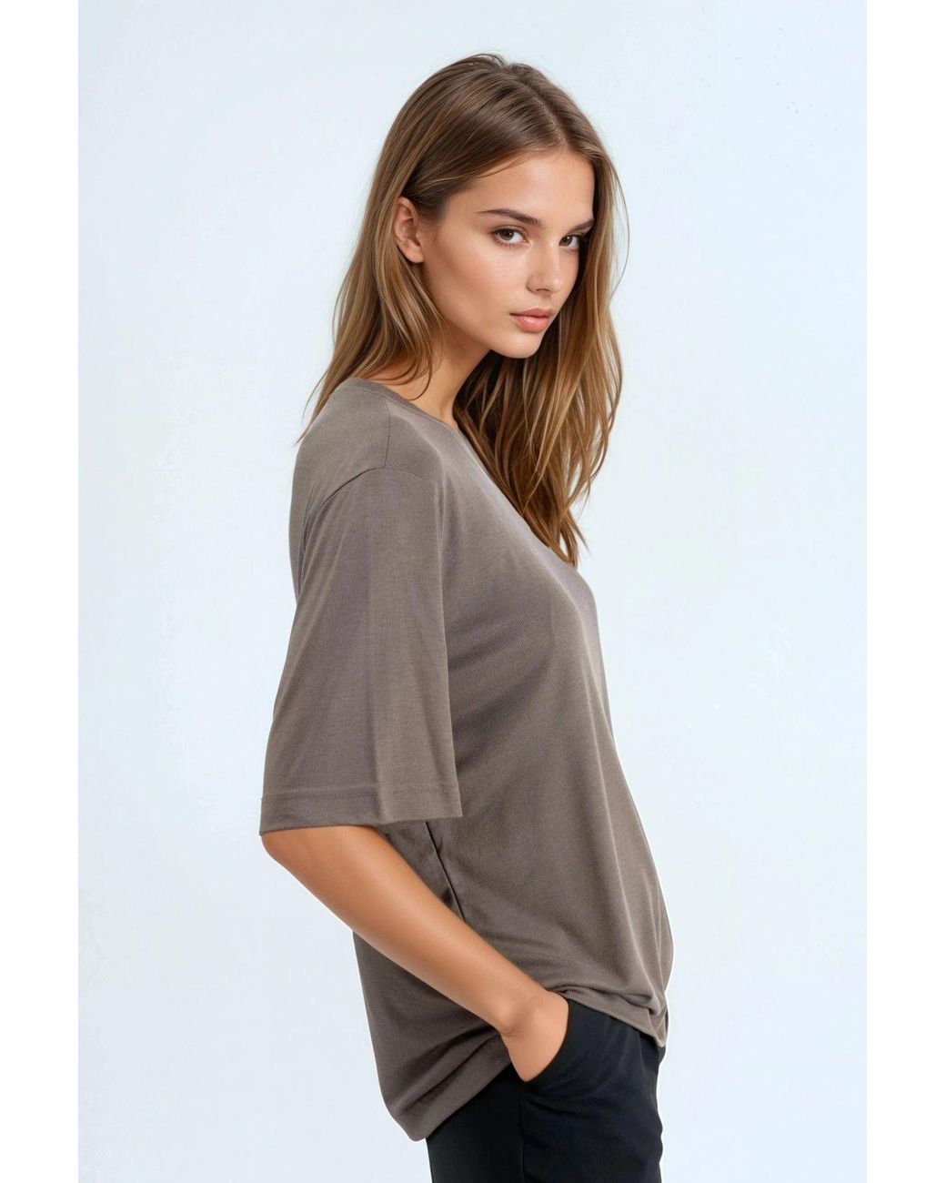 Busem Gray Oversized Crew Neck Ribbed T-Shirt