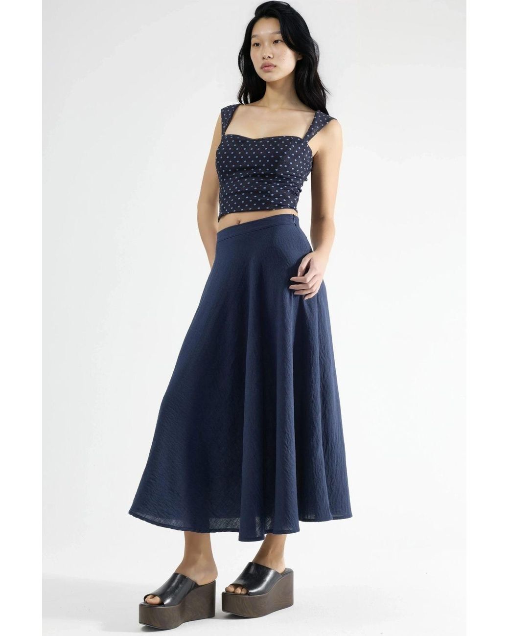 Busem Blue High Waist Textured A-Line Maxi Skirt