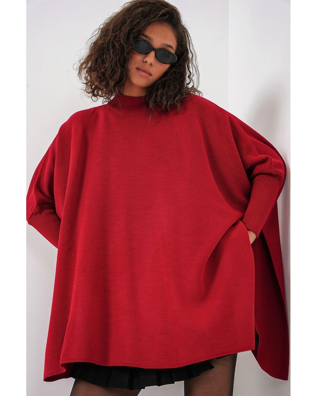 Bigdart Red Slit Detailed Half Turtleneck Loose Sweater