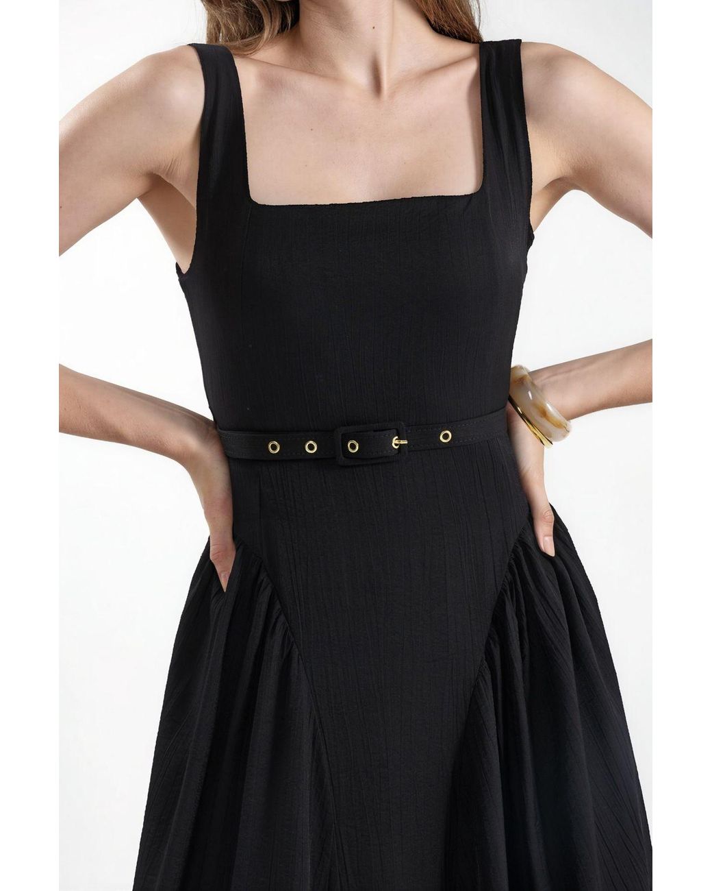 Busem Black Square Collar Belted Midi Dress