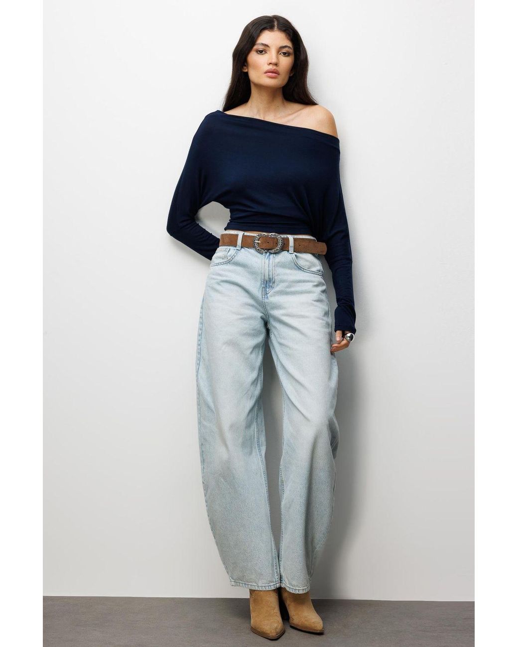 MixRay Blue Asymmetrical Collar Slim Fit Crop Blouse With Cut Out