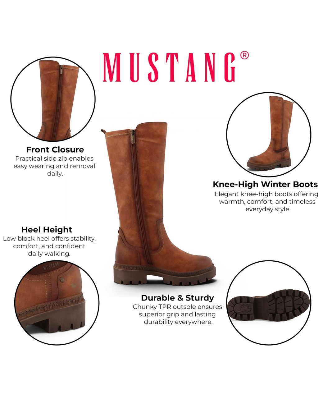 Mustang Brown Cognac Knee High Chunky Long Winter Boots
