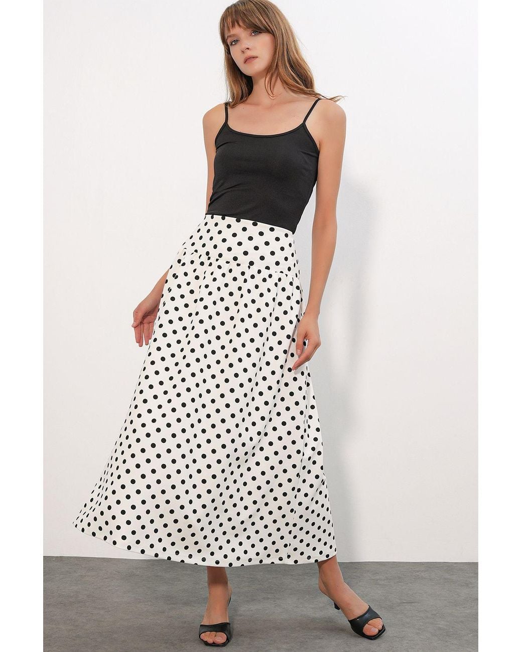 Bigdart White High-Waist Polka Dot Maxi Skirt